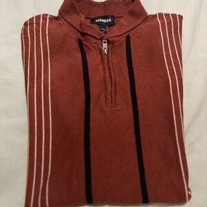 Express Men's Zip-Up Brown Sweater with Stripes